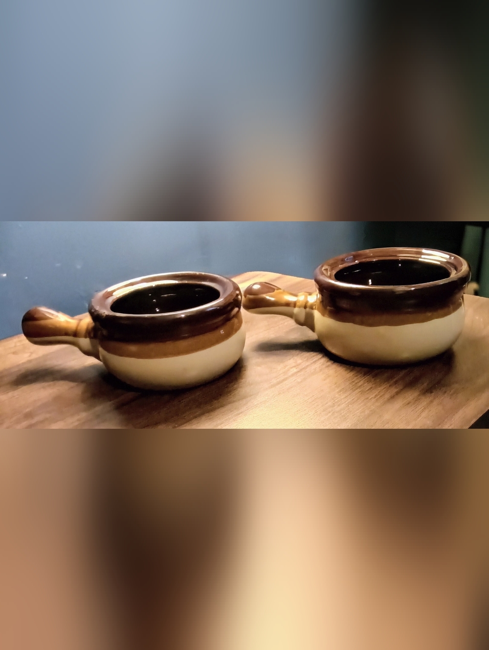 Pair of Two-Tone Ceramic Handle  French Onion Soup Bowls